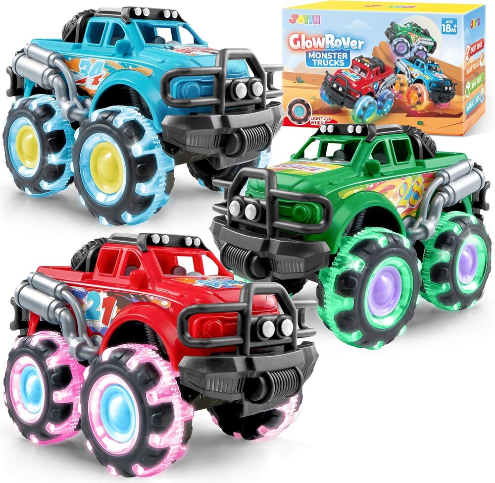 3 Pack Monster Truck Toy with Flashing LED Wheels, Light up Friction-Powered Car